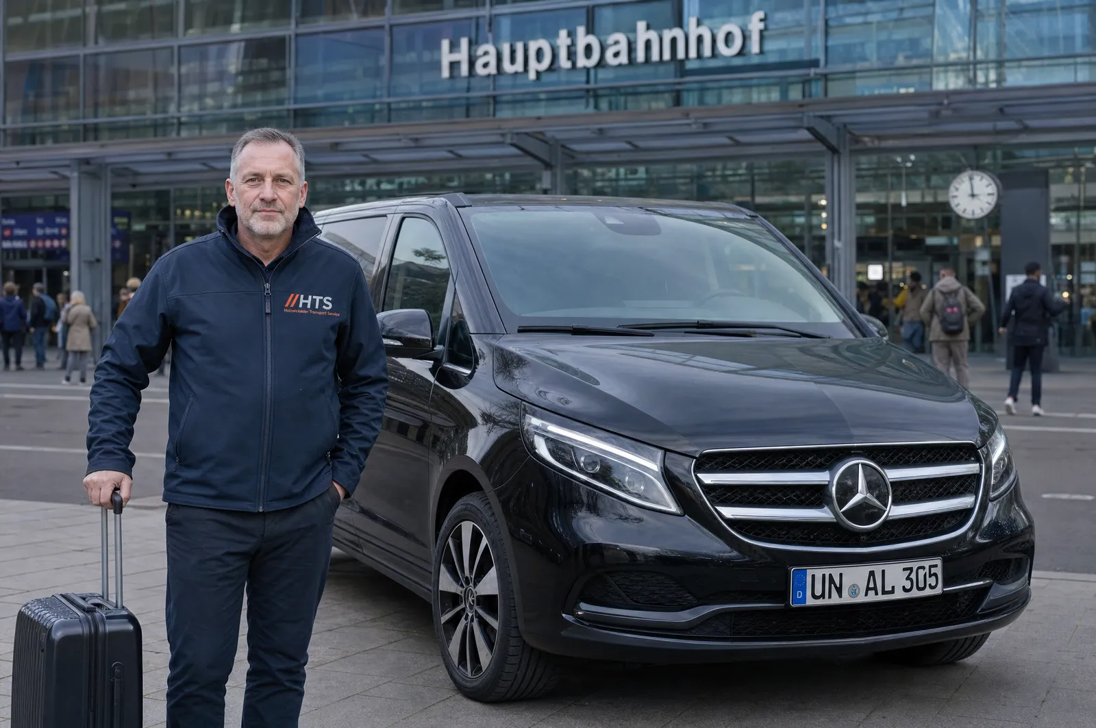 Fahrer mit Gepäck an einer Mercedes V-Klasse vor dem Hauptbahnhof (Symbolbild)