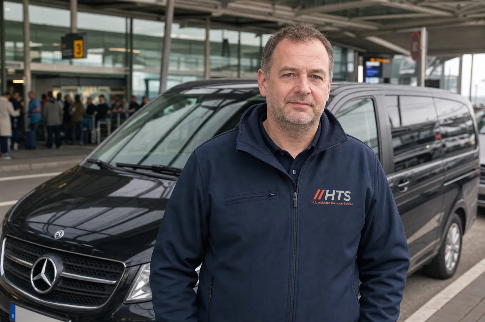 Fahrer an einer Mercedes V-Klasse am Flughafen-Terminal (Symbolbild)