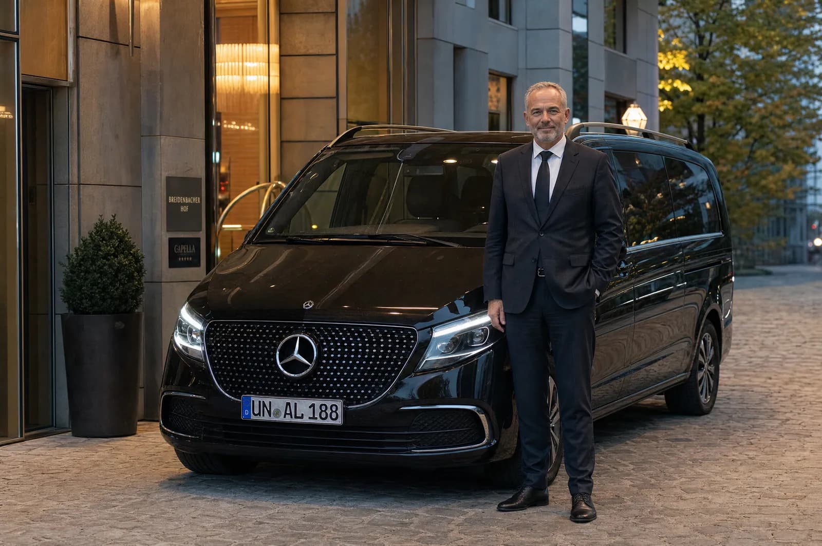 Chauffeur im Anzug an der schwarzen Mercedes V-Klasse vor dem Hotel (Symbolbild)