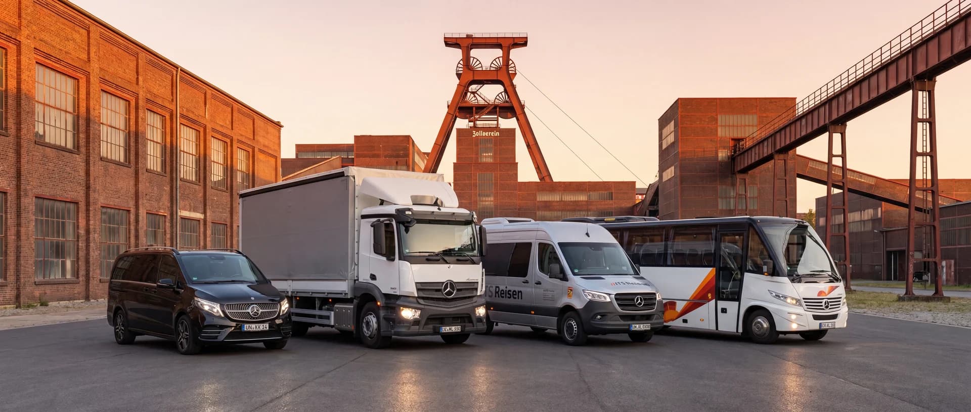HTS-Flotte vor der Zeche Zollverein — V-Klasse, 16-Tonner, Sprinter und Midibus für Güter- und Personenverkehr