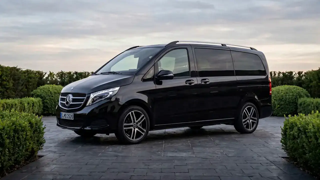Schwarze Mercedes V-Klasse: Die Schiebetür öffnet sich beim Scrollen und gibt den Blick auf den Leder-Innenraum frei